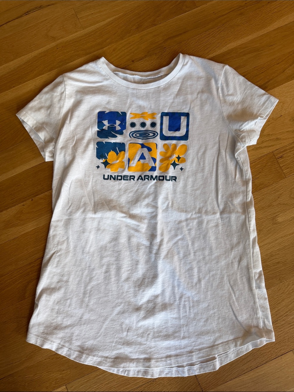 Under Armour White Short-Sleeve Tee with Blue & Yellow Graphic